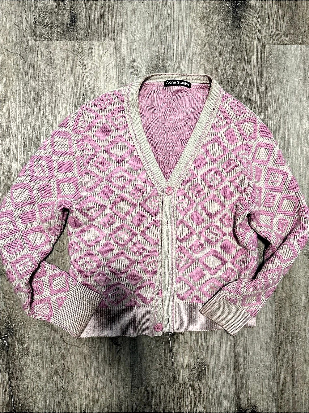 Acne Studios Geometric Knit Cardigan in Pink & light Green